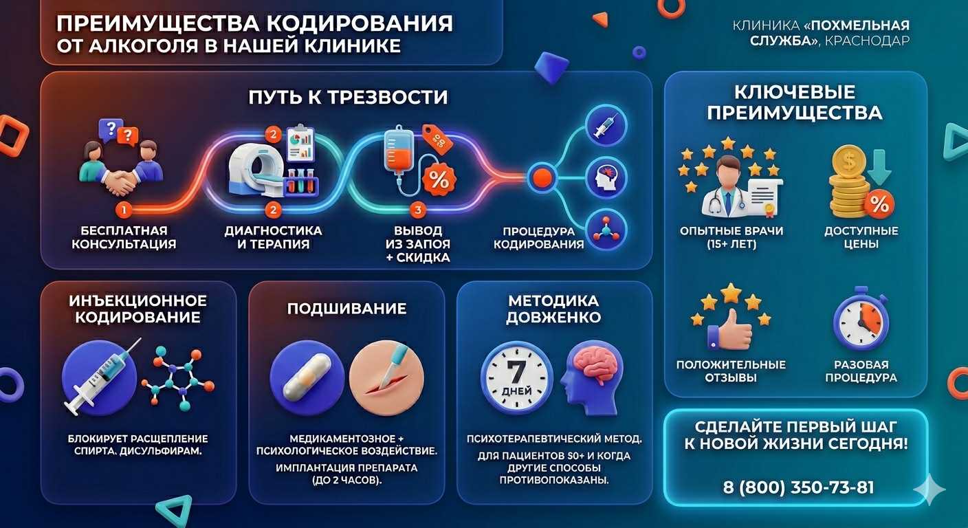 Инфографика о методах кодирования от алкоголя в Баксане: инъекции, подшивание, метод Довженко. Преимущества клиники и этапы лечения.