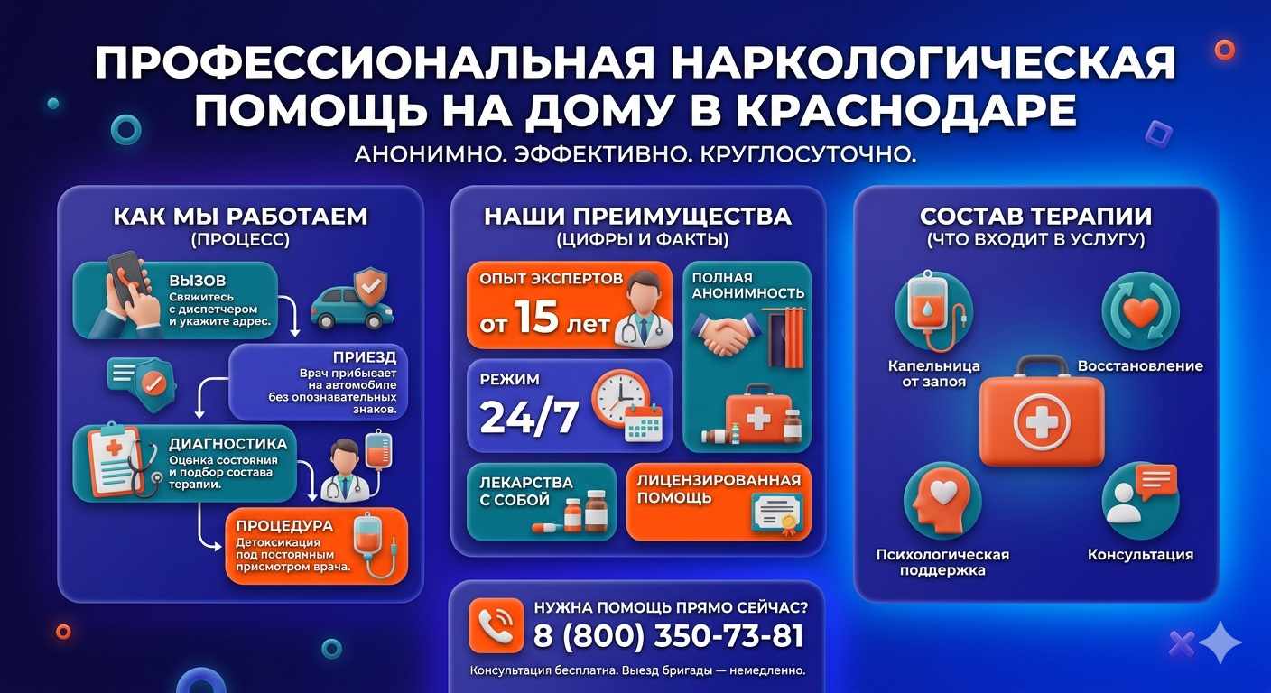 Инфографика о принципах лечения алкоголизма на дому в Баксане: этапы вызова нарколога, преимущества анонимной детоксикации и состав медицинской помощи.